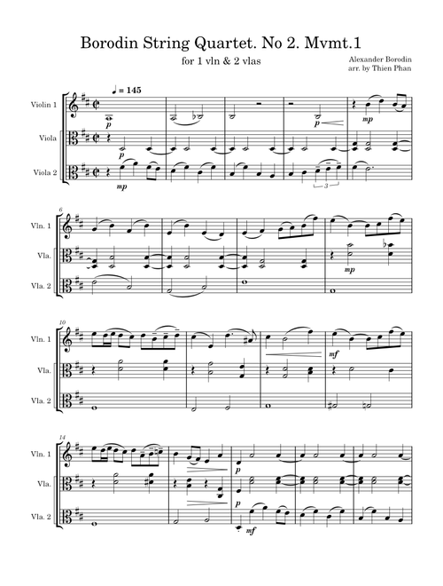 Borodin String Quartet. No 2. Allegro moderato. – Aleksandr Borodin arranged for 1 Violin & 2 Violas
