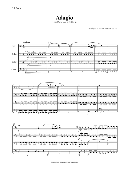 Andante from Piano Concerto No. 21 by Mozart for Cello Quartet (Arr. Ander) (String Quartet)