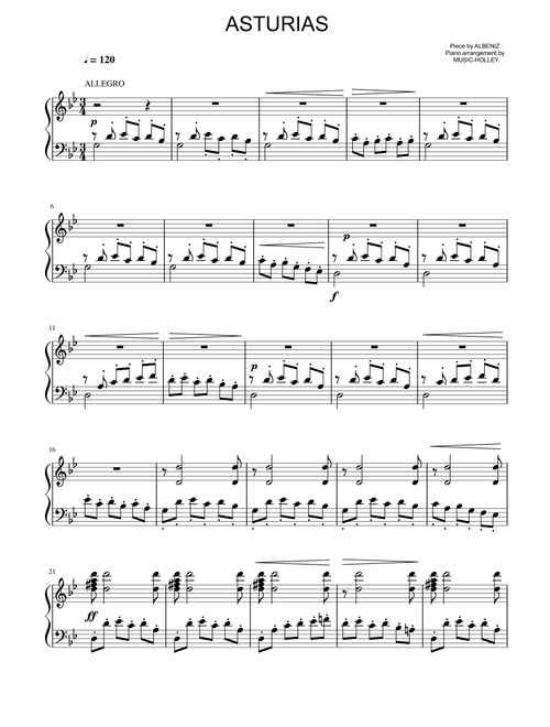Albéniz - Asturias (easy piano sheet) (Arr. Music-holley) - Isaac Albéniz (Easy Piano)