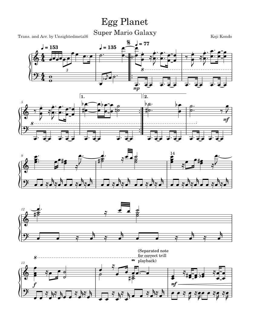 Egg Planet Super Mario Galaxy Sheet Music for Piano (Solo