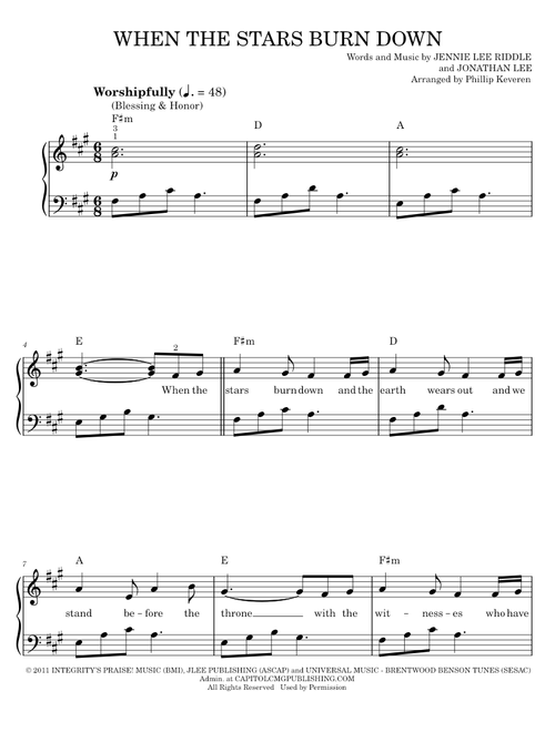 When The Stars Burn Down (Blessing & Honor) - Jennie Lee Riddle (Easy Piano)