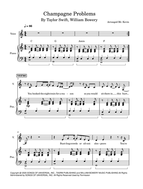 Champagne Problems (Arr. Yuan (Kevin) Qiu) - Taylor Swift (Piano Vocal)