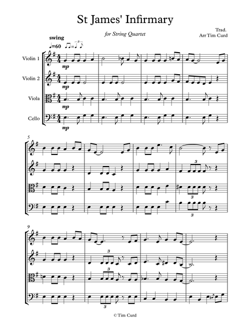 St James' Infirmary for String Quartet (Arr. Tim Curd) - trad. (String Quartet)