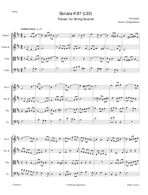 Scarlatti, D: Sonata in B minor K 87 arranged for String Quartet (Arr. D Oppenheim) - D Scarlatti (String Quartet)