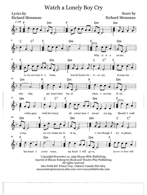 Watch A Lonely Boy Cry (Arr. Richard Mousseau) - Rick Moose (Guitar Chords-Lyrics)