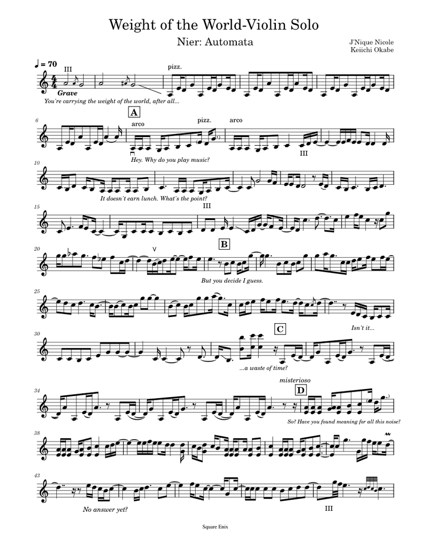 Weight of the World-Keiichi Okabe Sheet Music for Violin (Solo
