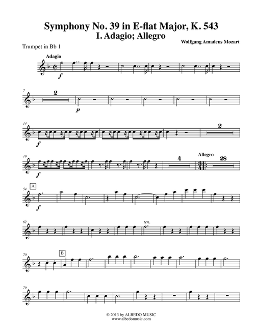 Mozart Symphony No. 39, Movement I - Trumpet in Bb 1 (Transposed Part), K. 543 (Arr. Doug Clyde) - Wolfgang Amadeus Mozart (Trumpet Solo)