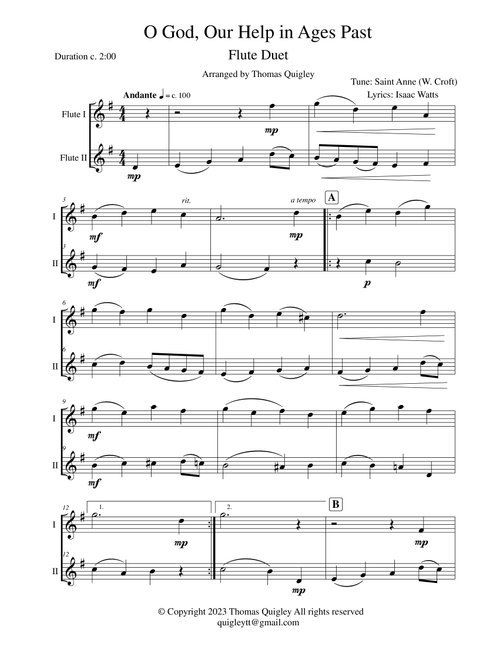 O God Our Help in Ages Past (Arr. Thomas Quigley) - Tune: Saint Anne (William Croft) / Words: Isaac Watts (Flute Duet)