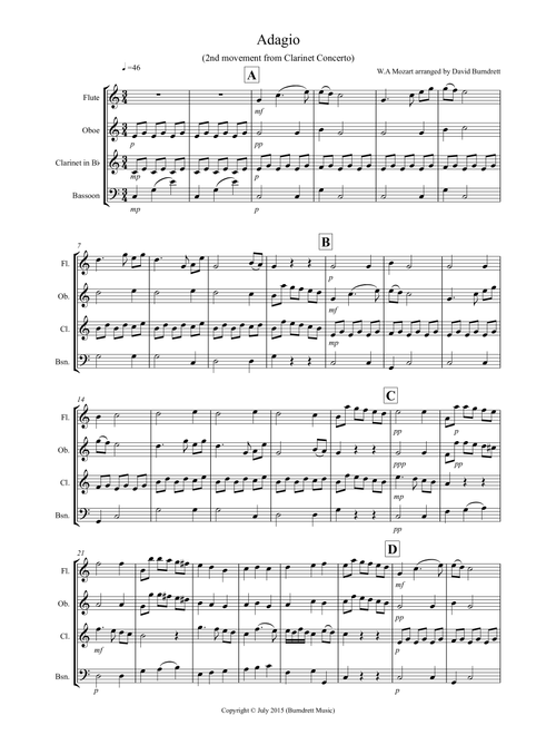Adagio from Mozart's Clarinet Concerto for Wind Quartet (Arr. David Burndrett) - W.A Mozart (Woodwind Ensemble)