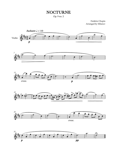 Chopin Nocturne op. 9 no. 2 | Violin | D Major | Easy beginner (Arr. Milanov) - Frédéric Chopin (Violin Solo)