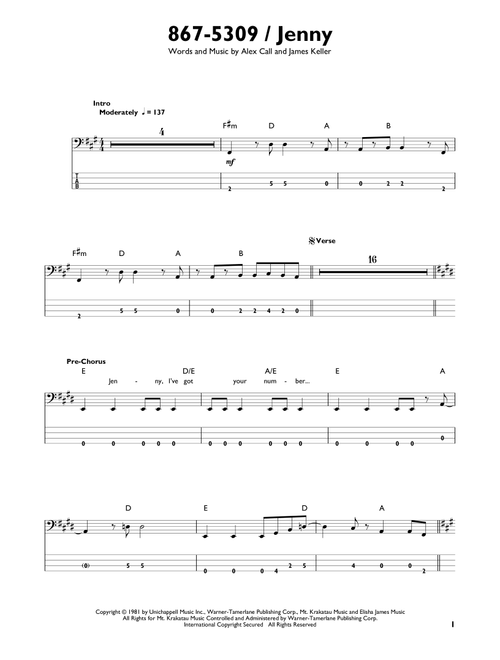 867-5309/Jenny - Tommy Tutone (Easy Bass Tab)