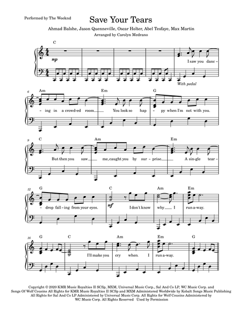 Save Your Tears (Arr. Carolyn Medrano) - The Weeknd (Piano Vocal)