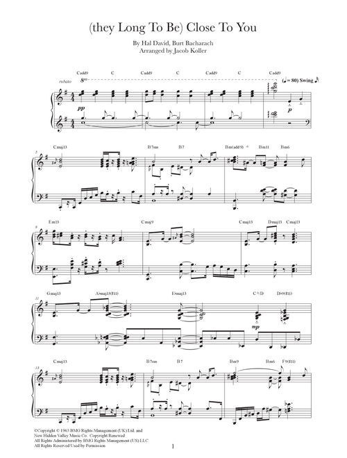 (they Long To Be) Close To You (Arr. Jacob Koller) - The Carpenters (Piano Solo)