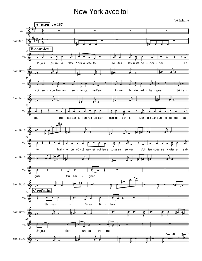 New york avec toi Téléphone TelephoneNew York avec toi sax barVoix