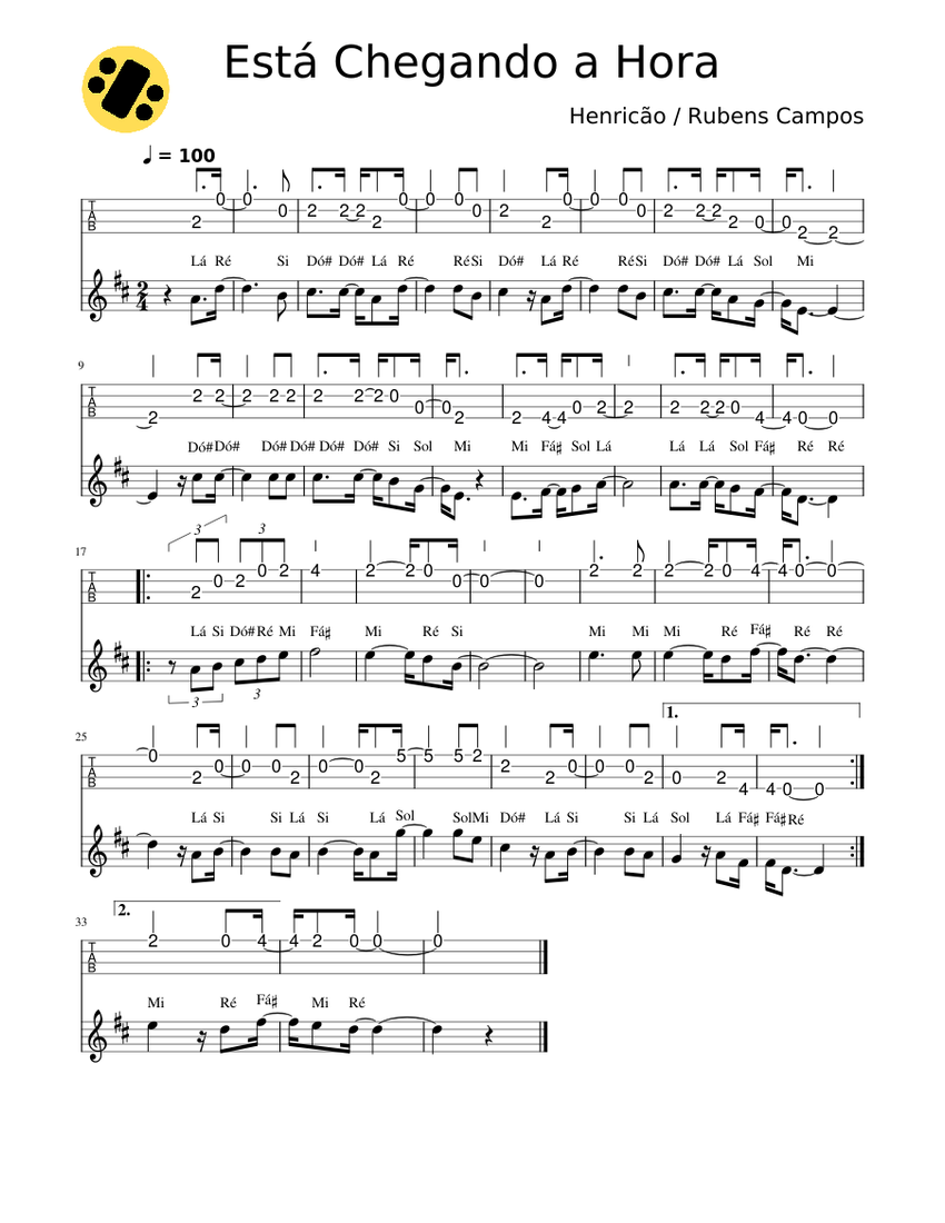 Está Chegando a Hora - Partitura e Tablatura Sheet Music for Guitar ...