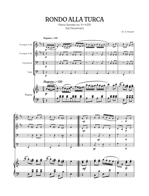 Rondo Alla Turca (Turkish March) | Brass Quartet Sheet Music (w/ piano) (Arr. Benzaiten Editions) - Wolfgang Amadeus Mozart (Small Ensemble)