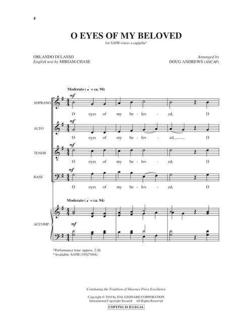 O Eyes Of My Beloved (Arr. Doug Andrews) - Miriam Chase, Orlando di Lasso (Choral, SATB)