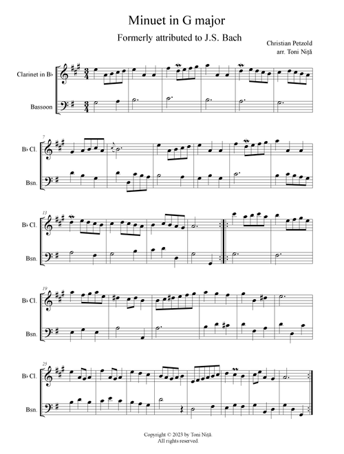 Minuet in G major, BWV Anh.114 (Petzold, Christian) for Clarinet in Bb & Bassoon (Arr. Toni Nita) - Christian Petzold (Instrumental Duet)