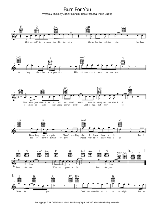 Burn For You - John Farnham (Lead Sheet - Fake Book)