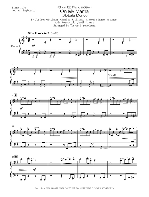 On My Mama (Arr. Tsuyoshi Yoroiguma) - Victoria Monet (Easy Piano)