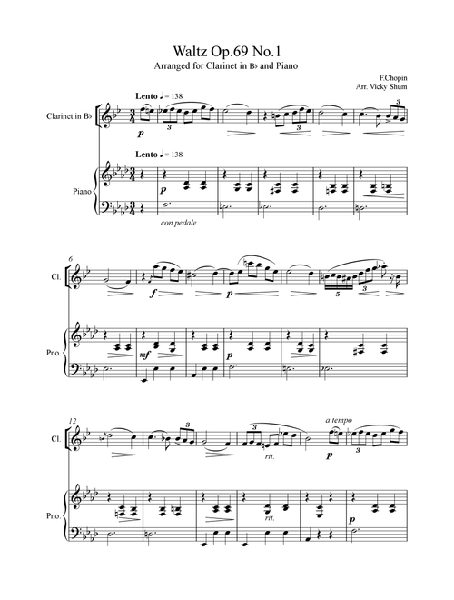 Chopin Waltz Op.69 No.1 (For Clarinet in Bb and Piano) (Arr. Vicky Shum) - Frederic Chopin (Clarinet and Piano)