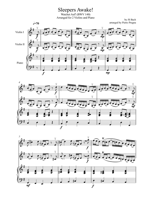 Sleepers Awake! (Wachet Auf!) (BWV 140) - for 2 Violins & Piano (Part of "I'll Second This" Series) (Arr. Pietro Prugna) - JS Bach (Instrumental Duet and Piano)