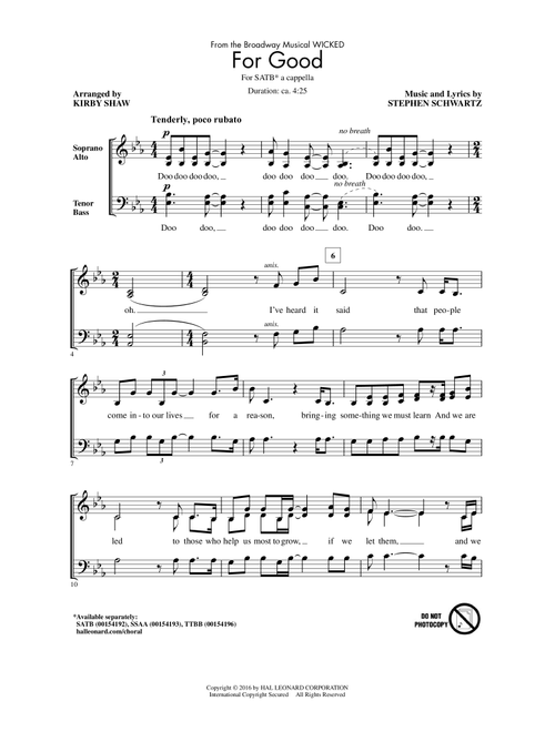 For Good (from Wicked) (arr. Kirby Shaw) - Stephen Schwartz (Choral, SATB)