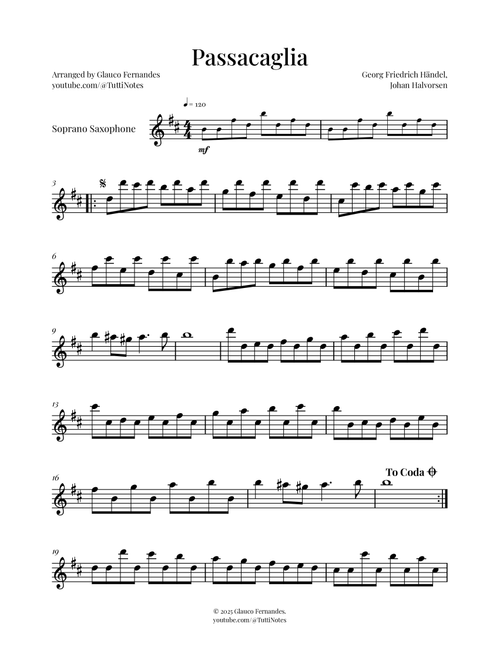 Passacaglia by Handel/Halvorsen (Arr. Glauco Fernandes) - Georg Friedrich Händel, Johan Halvorsen (Soprano Sax Solo)