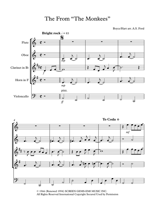 Theme From "the Monkees" (hey, Hey We're The Monkees) (Arr. A.S. Ford) (Small Ensemble)