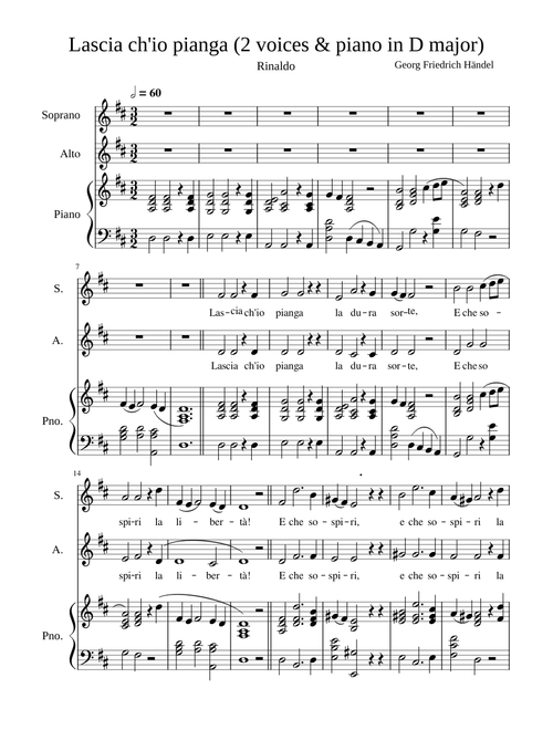 Lascia ch'io pianga (2 voices and piano in D major) GF Haendel