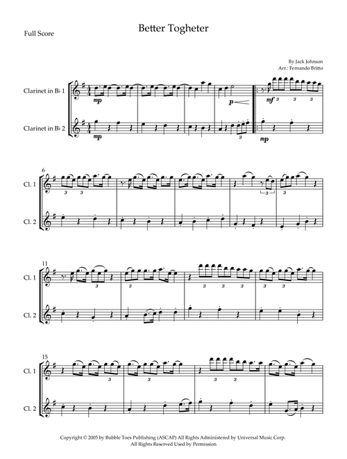 Better Together (Arr. Fernando Britto) - Jack Johnson (Clarinet Duet)