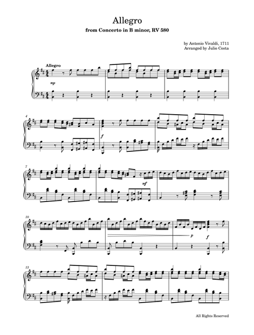 Vivaldi - Allegro from Concerto in Bm, RV 580 (Arr. Julio Costa) - Antonio Vivaldi (Piano Solo)