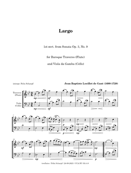 Largo - Sonata Op. 3, No.9 (1st mvt.) - Jean Baptiste Loeillet de Gant - for Flute and Cello