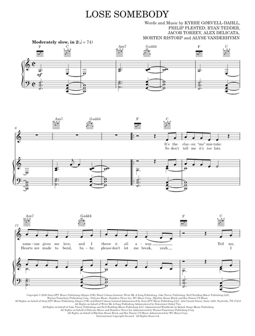 Lose Somebody - Kygo & OneRepublic (Piano-Vocal-Guitar)