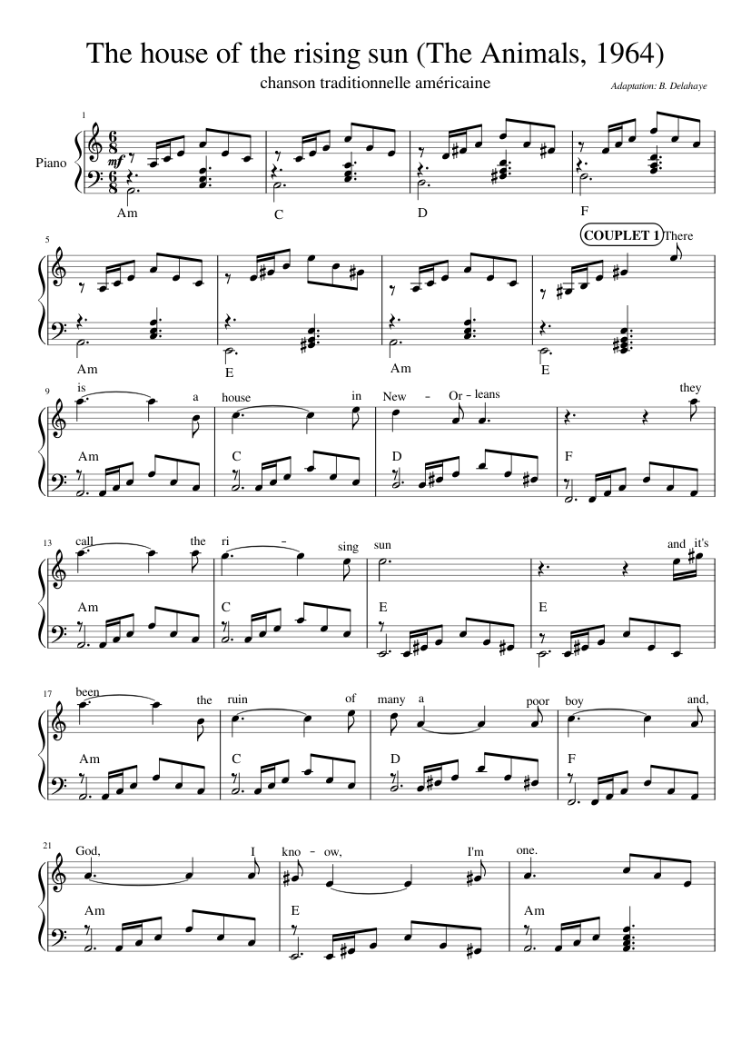 the house of the rising sun Sheet music for Piano, Guitar, Bass guitar,  Drum group & more instruments (Mixed Quintet) 