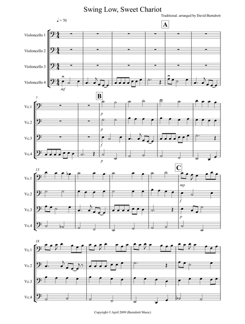 Swing Low, Sweet Chariot for Cello Quartet (Arr. David Burndrett) - Traditional (Cello Solo)