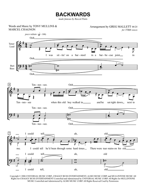 Backwards (Arr. Greg Mallett) - Rascal Flatts (Choral, TTBB)
