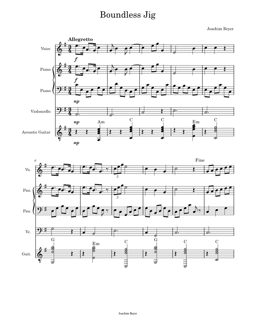 Jig Notes Boundless_Jig Sheet music for Piano, Vocals, Cello, Guitar (Mixed ...