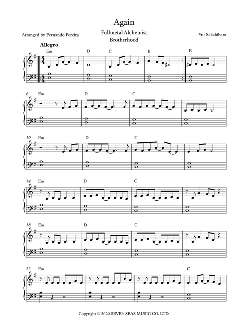 Again (Arr. Fernando Pereira) - Yui Sakakibara (Easy Piano)