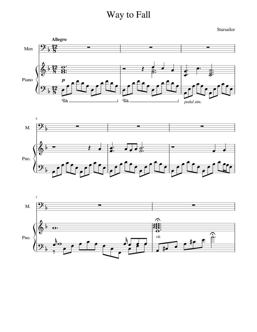 StarSailor Way to Fall Sheet music for Piano, Male (PianoVoice)