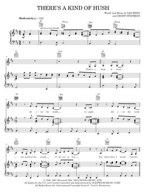 There's A Kind Of Hush (All Over The World) - Carpenters, Herman's Hermits (Piano-Vocal-Guitar)
