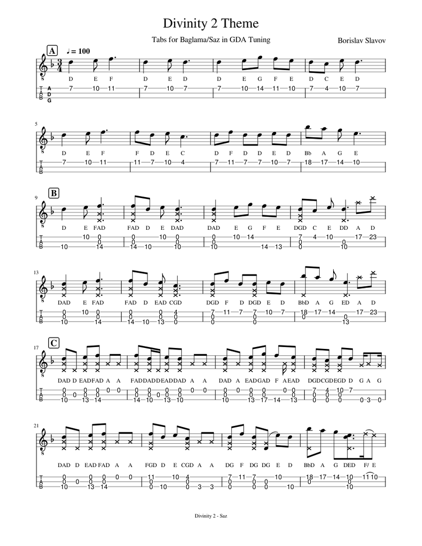 Divinity 2 Saz Tab Sheet music for Bouzouki (Solo)