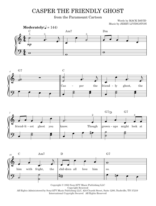 Casper The Friendly Ghost - Jerry Livingston, TV Theme Song (Easy Piano)
