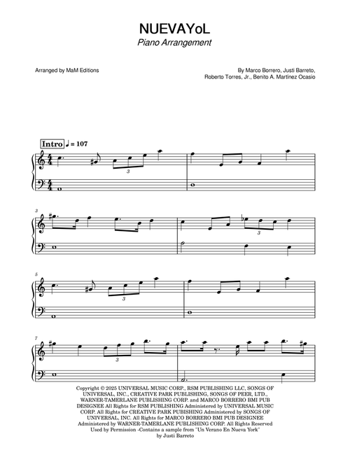 Nuevayol (Arr. MaM Editions) - Bad Bunny (Easy Piano)