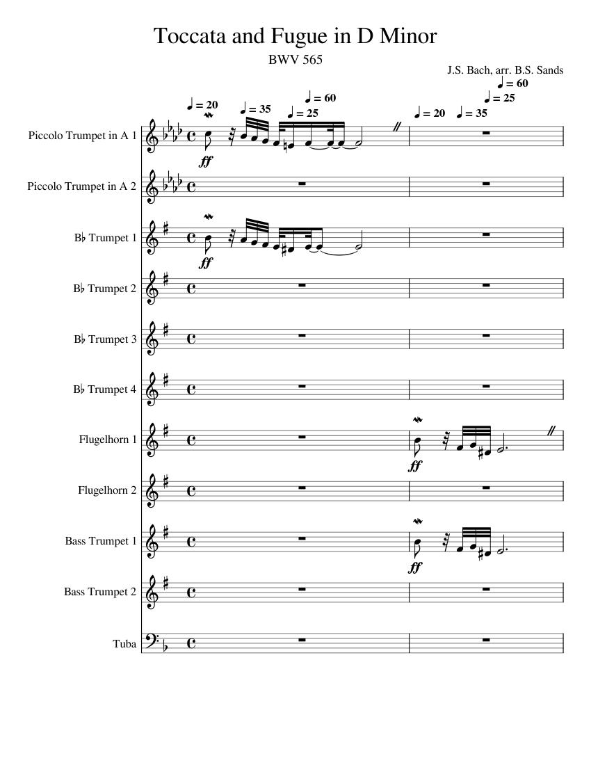 Toccata and Fugue in D Minor Sheet Music for Tuba, Trumpet piccolo ...