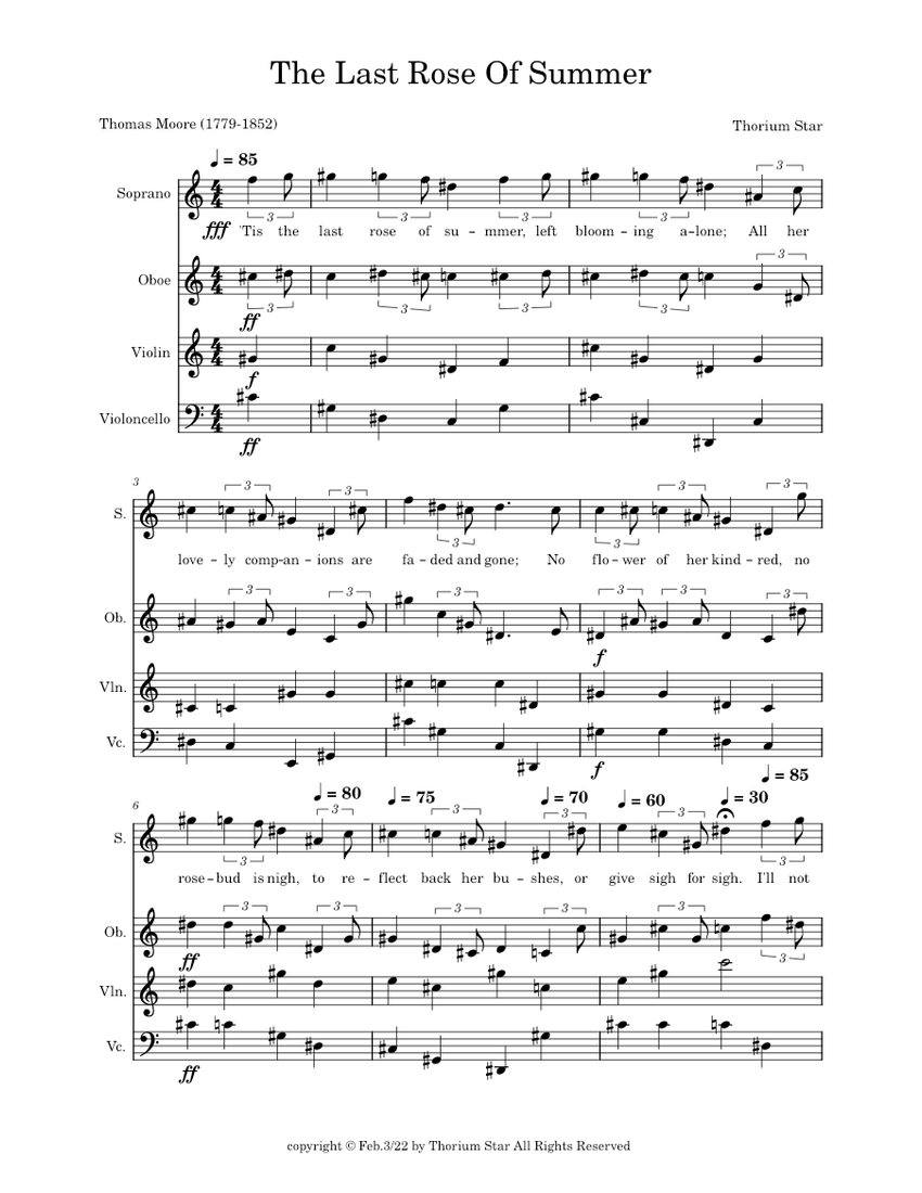 The Last Rose Of Summer Sheet Music for Soprano, Oboe, Violin, Cello (Mixed Quartet) | MuseScore.com