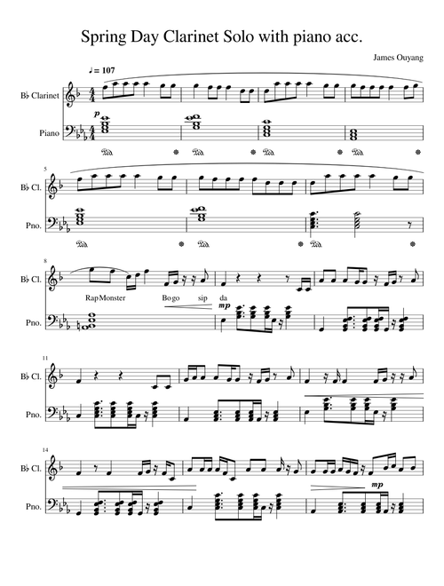 BTS Spring Day Clarinet Solo with piano acc.