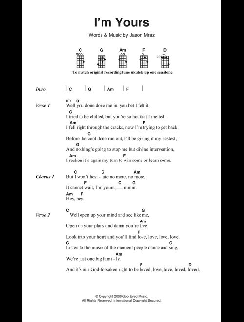I'm Yours - Jason Mraz (Piano-Vocal-Guitar (Piano Accompaniment))