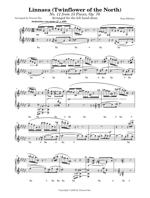 Sibelius-Xia - Linnaea (No. 11 from 13 Pieces, Op. 76), arranged for the left hand alone