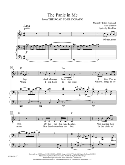 The Panic In Me  from THE ROAD TO EL DORADO (Arr. Red Gate Music) - Hans Zimmer, Elton John (Piano Vocal)